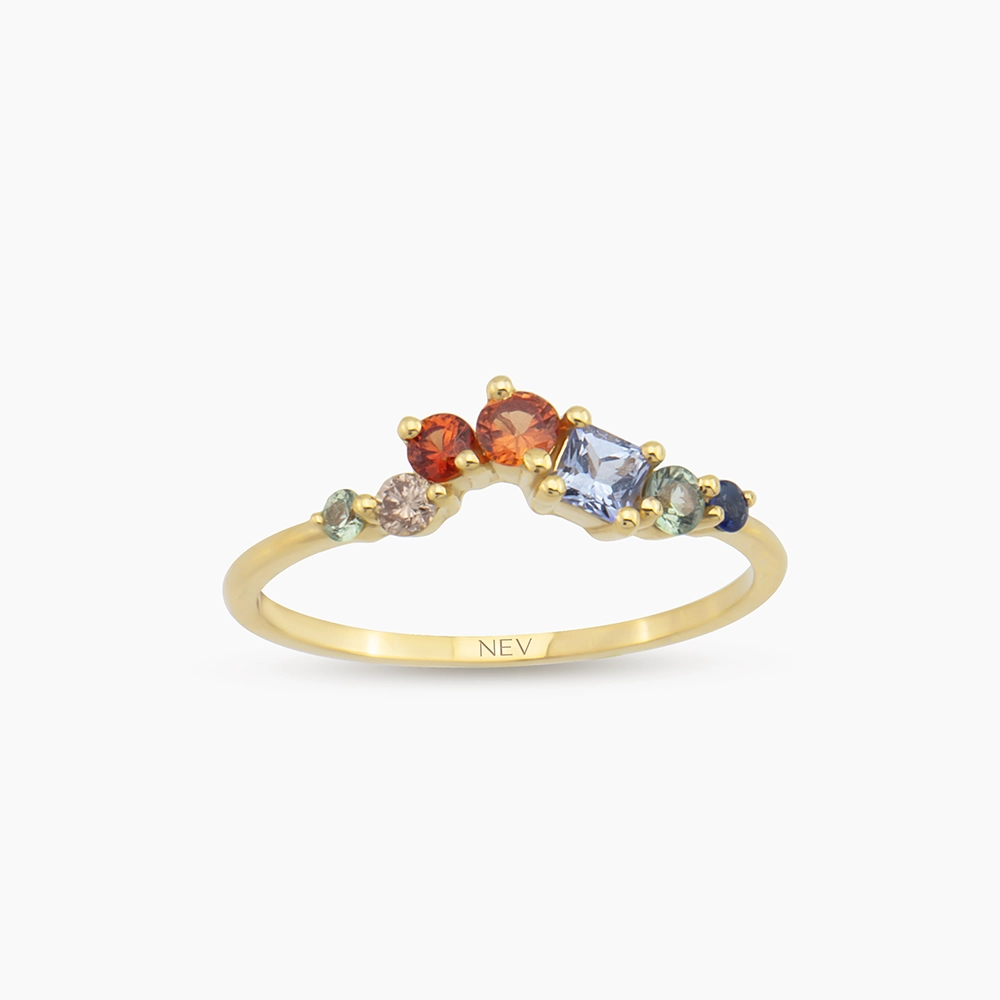 0.67 CT Multicolor Sapphire and Brown Diamond Yelllow Gold Ring - 1