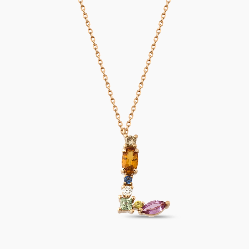 L Harf 0.65 CT Brown Pırlanta ve Multicolor Safir Taşlı Kolye - 1