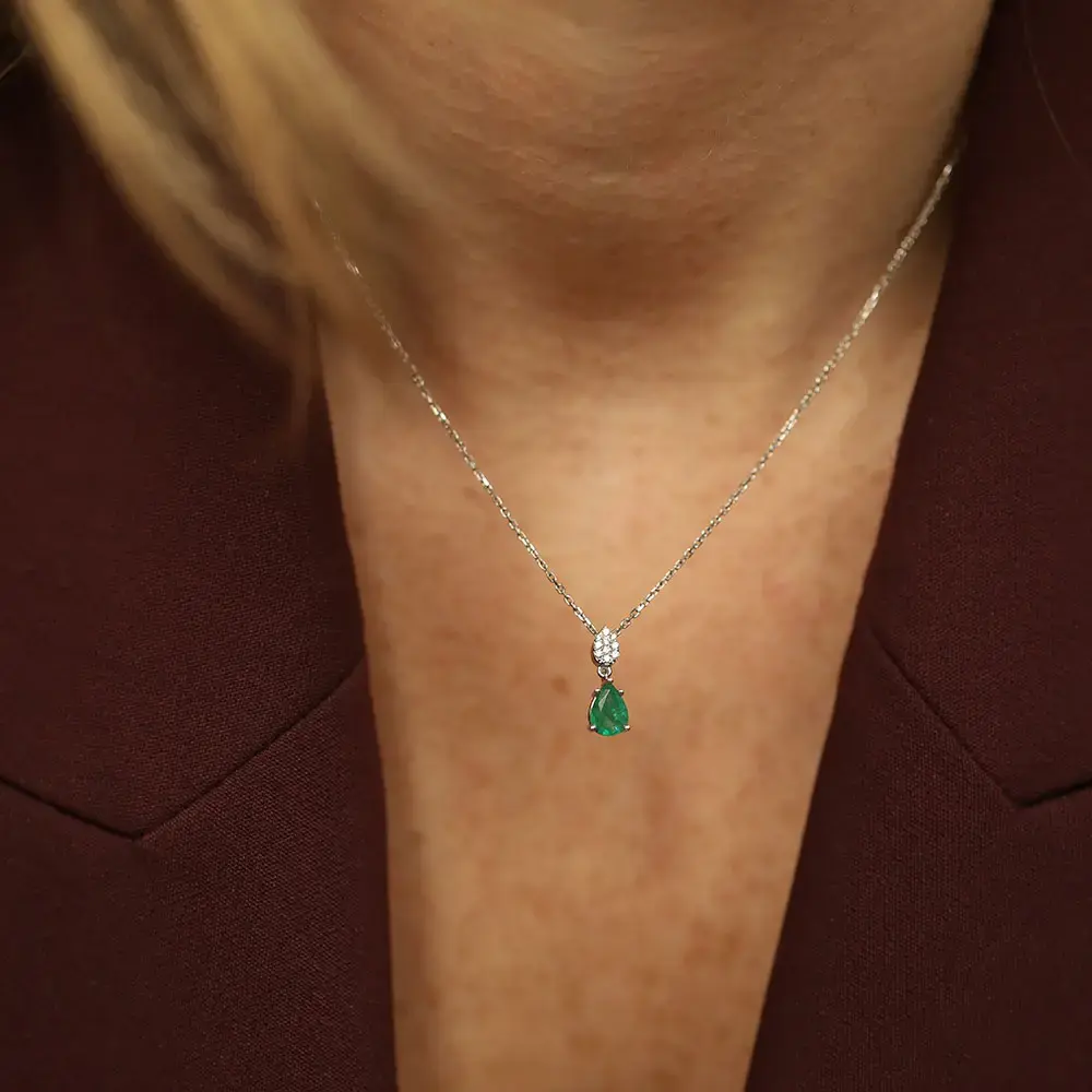 0.69 CT Pear Cut Emerald and Diamond White Gold Necklace - 2