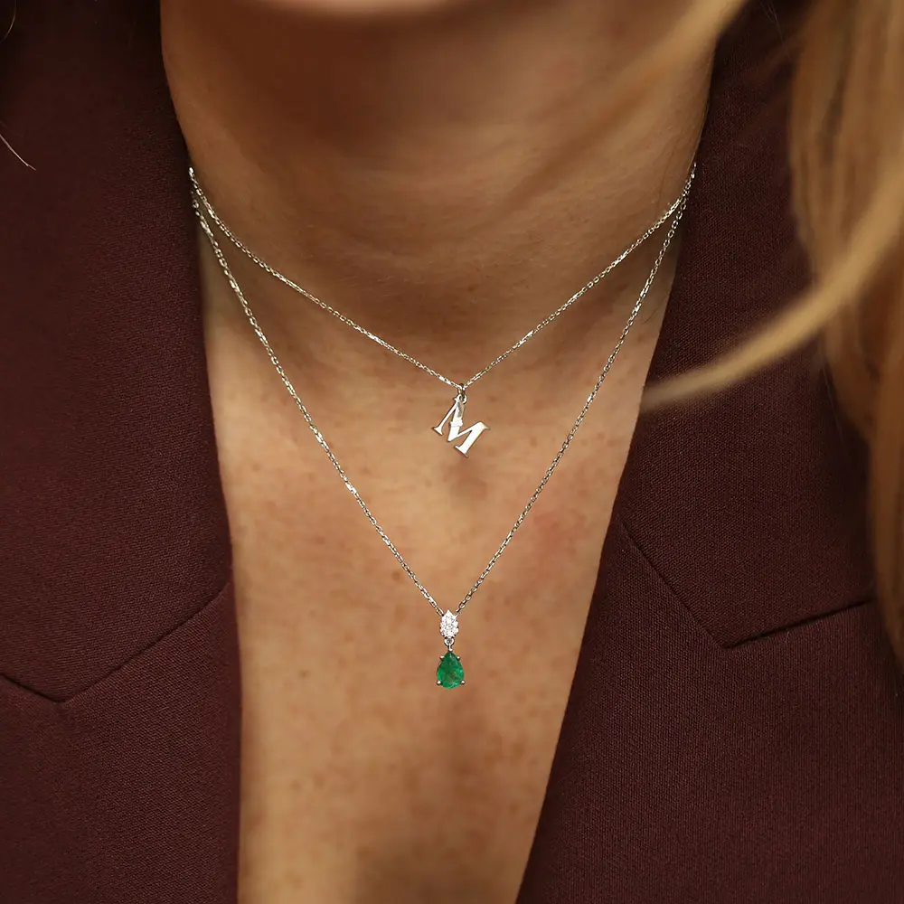 0.69 CT Pear Cut Emerald and Diamond White Gold Necklace - 3