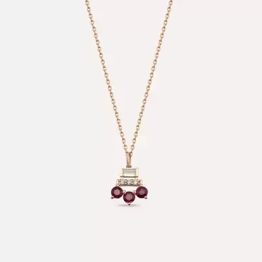 0.70 CT Baget Pırlanta ve Yakut Taşlı Rose Altın Kolye - Nev Jewellery (1)