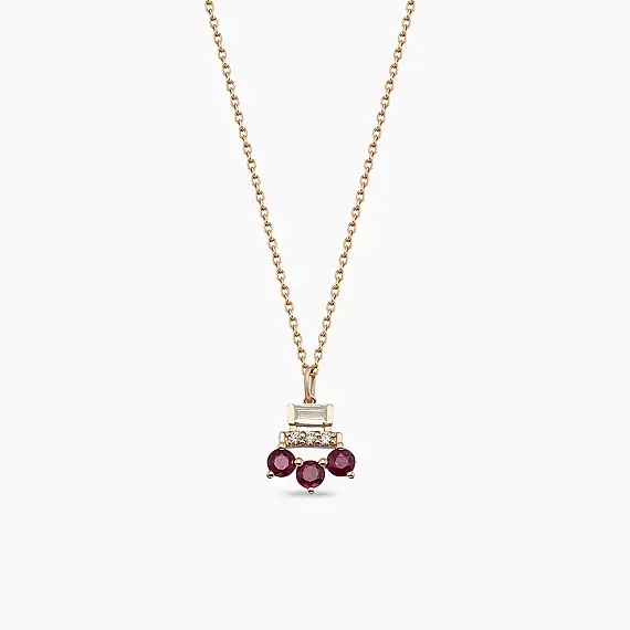 0.70 CT Baget Pırlanta ve Yakut Taşlı Rose Altın Kolye - 1