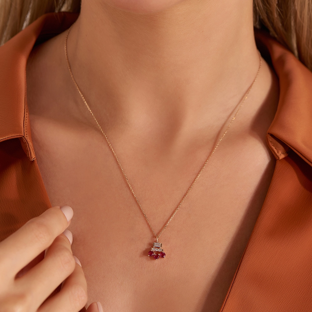 0.70 CT Baguette Cut Diamond and Ruby Rose Gold Necklace - Nev Jewellery (1)