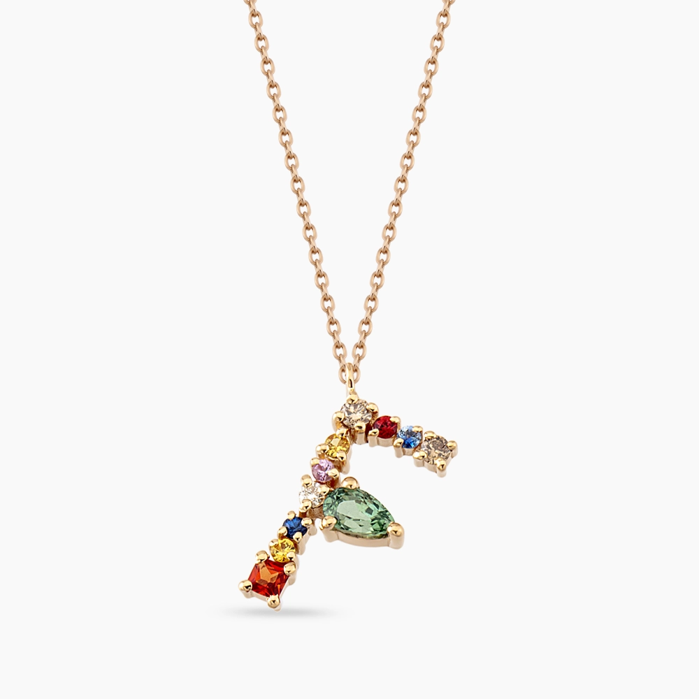 F Harf 0.60 CT Brown Pırlanta ve Multicolor Safir Taşlı Kolye - 1