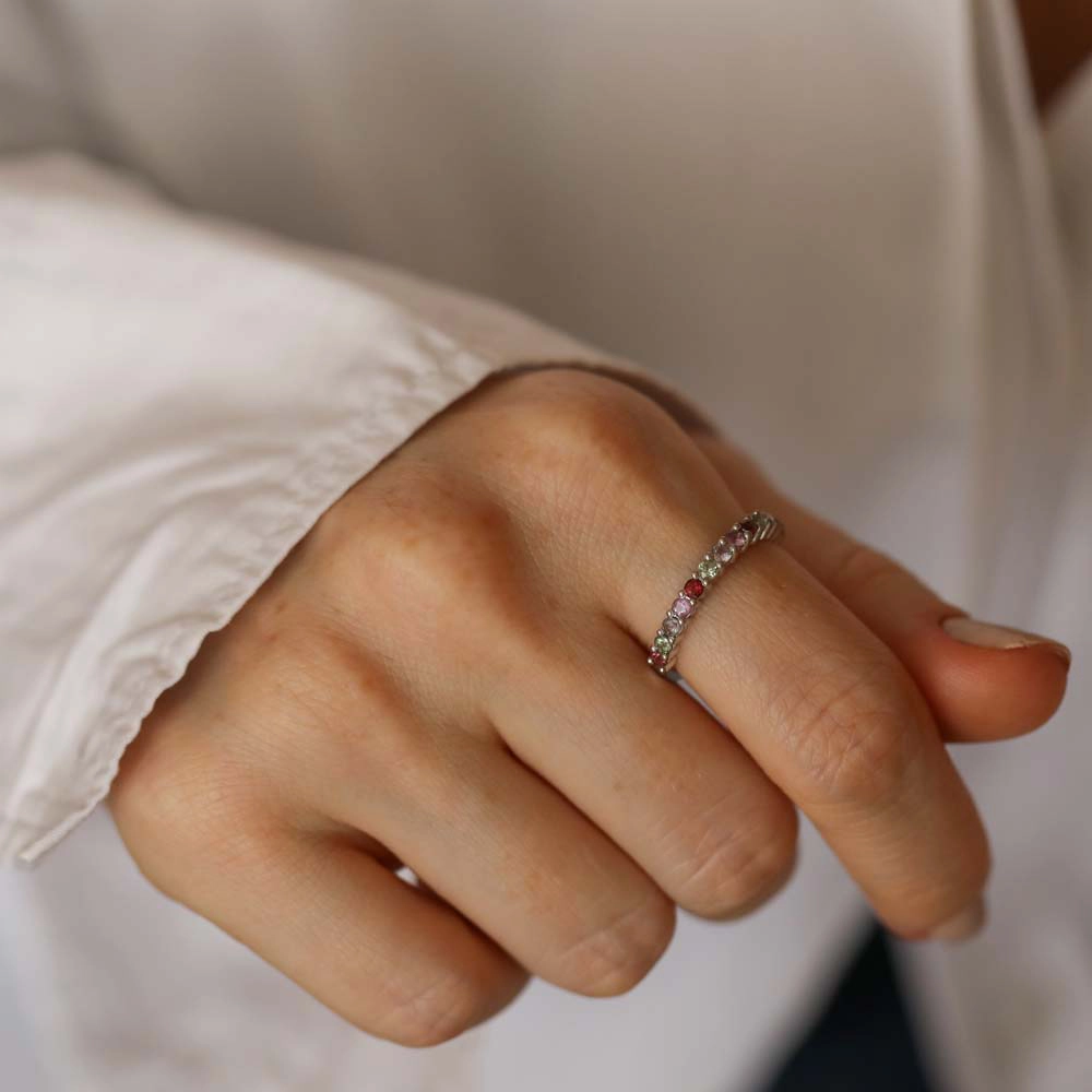 0.70 CT Multicolor Safir Taşlı Yarımtur Beyaz Altın Yüzük - Nev Jewellery (1)