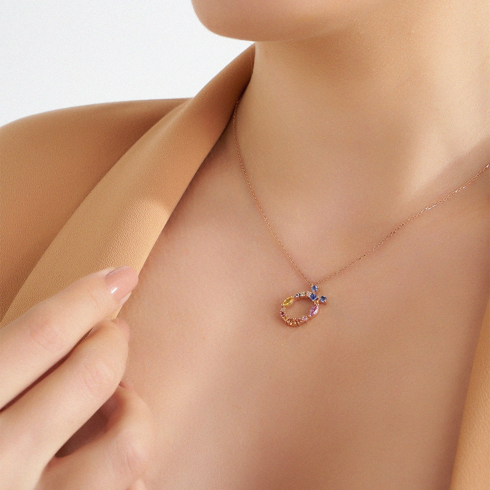 0.89 CT Multicolor Sapphire and Brown Diamond Ö Letter Necklace - Nev Jewellery (1)