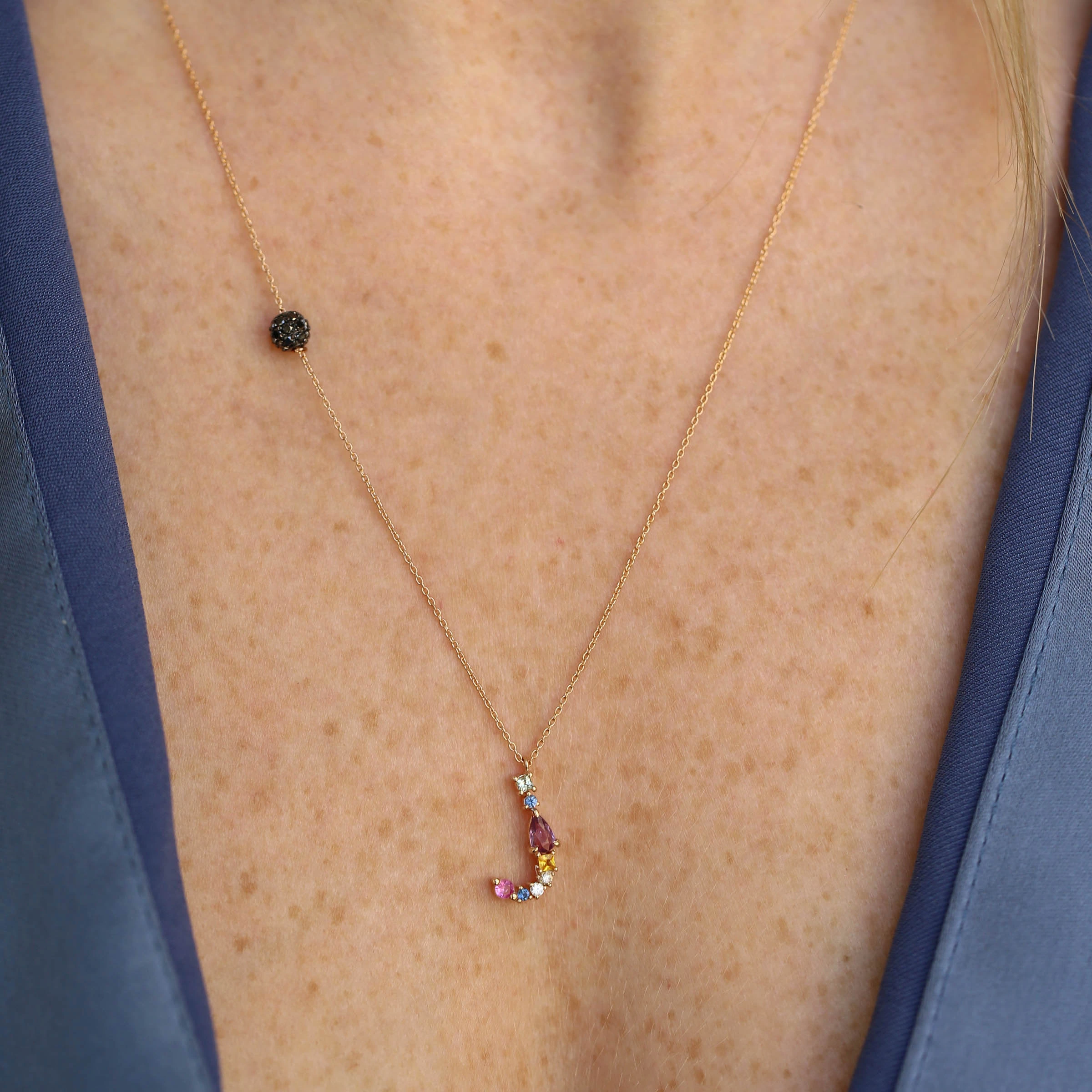 0.75 CT Brown Diamond and Multicolor Sapphire J Letter Pendant - Nev Jewellery (1)