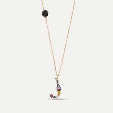 0.75 CT Brown Pırlanta ve Multicolor Safir Taşlı J Harf Kolye - Nev Jewellery
