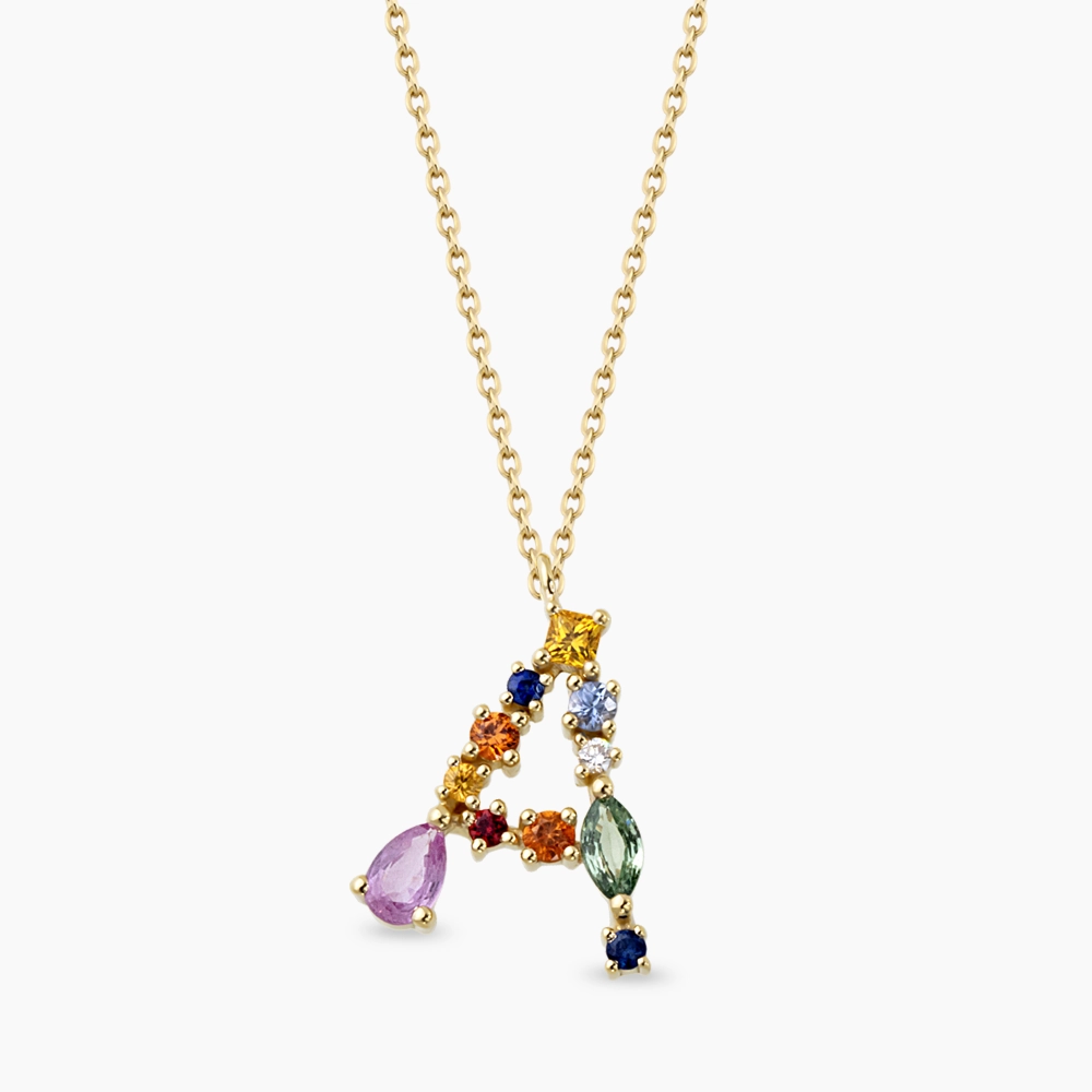 A Harf 0.61 CT Brown Pırlanta ve Multicolor Safir Taşlı Kolye - 1