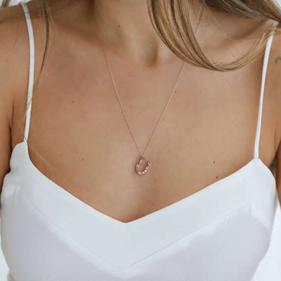 U Harf 0.83 CT Brown Pırlanta ve Multicolor Safir Taşlı Kolye - 3