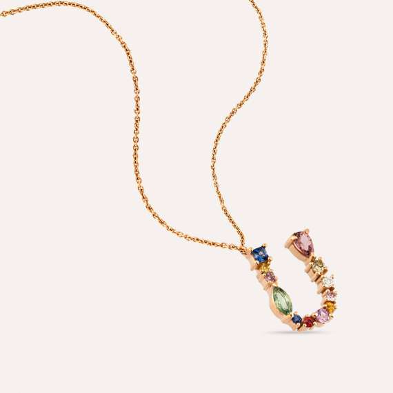 U Harf 0.83 CT Brown Pırlanta ve Multicolor Safir Taşlı Kolye - 6