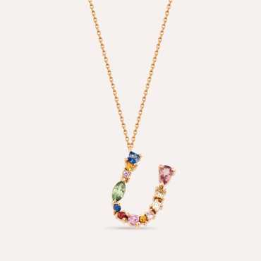 0.83 CT Brown Pırlanta ve Multicolor Safir Taşlı U Harf Kolye - Nev Jewellery