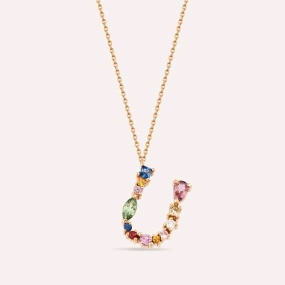 U Harf 0.83 CT Brown Pırlanta ve Multicolor Safir Taşlı Kolye - 1