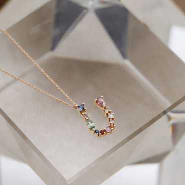 0.83 CT Brown Pırlanta ve Multicolor Safir Taşlı U Harf Kolye - Nev Jewellery (1)