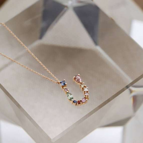 U Harf 0.83 CT Brown Pırlanta ve Multicolor Safir Taşlı Kolye - 2