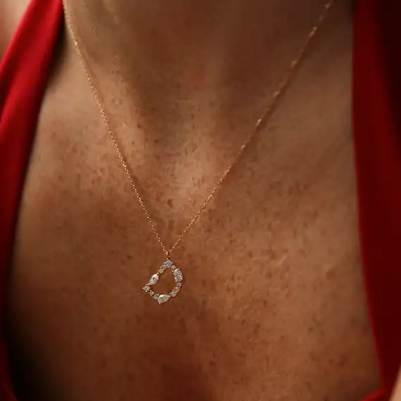 D Harf 0.70 CT Damla ve Markiz Kesim Pırlanta Taşlı Rose Altın Kolye - 2