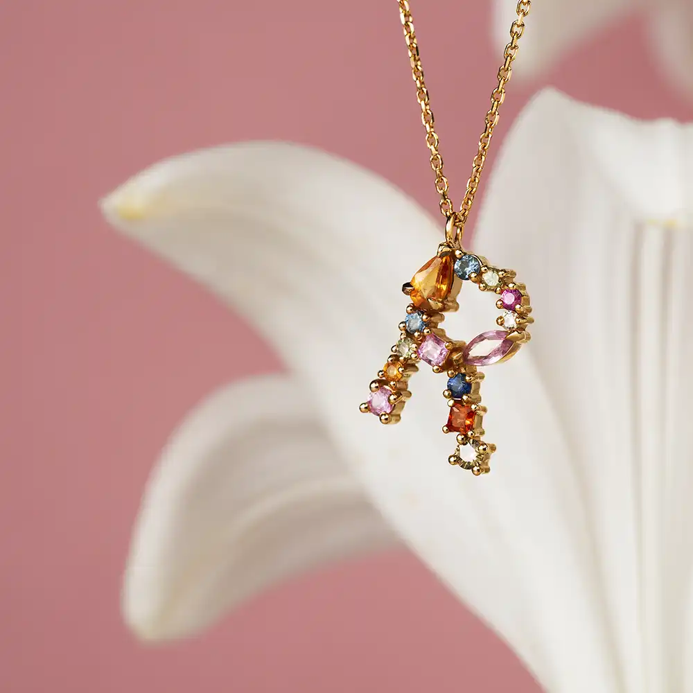 1.00 CT Brown Diamond and Multicolor Sapphire R Letter Pendant - 1