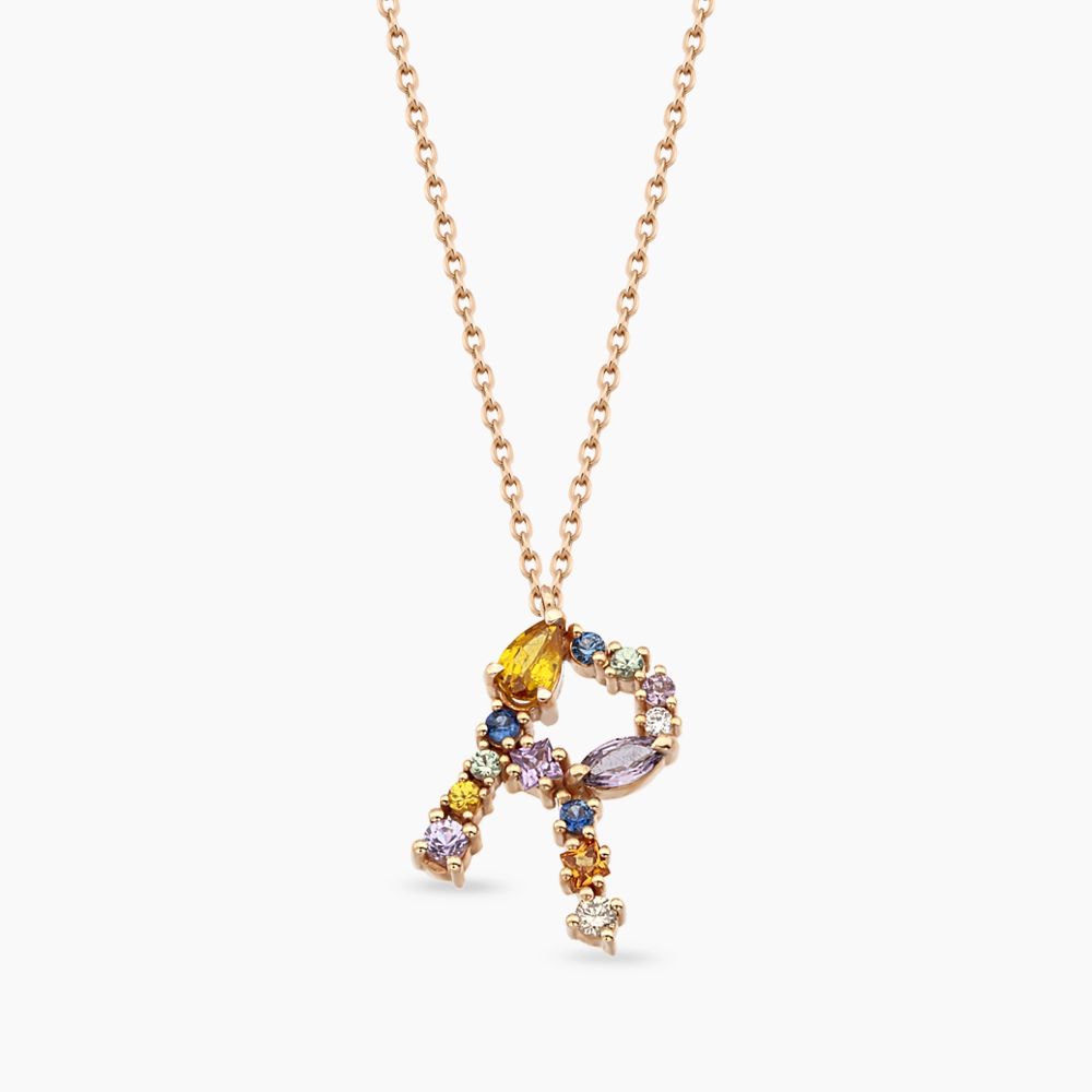 1.00 CT Brown Pırlanta ve Multicolor Safir Taşlı R Harf Kolye - Nev Jewellery (1)