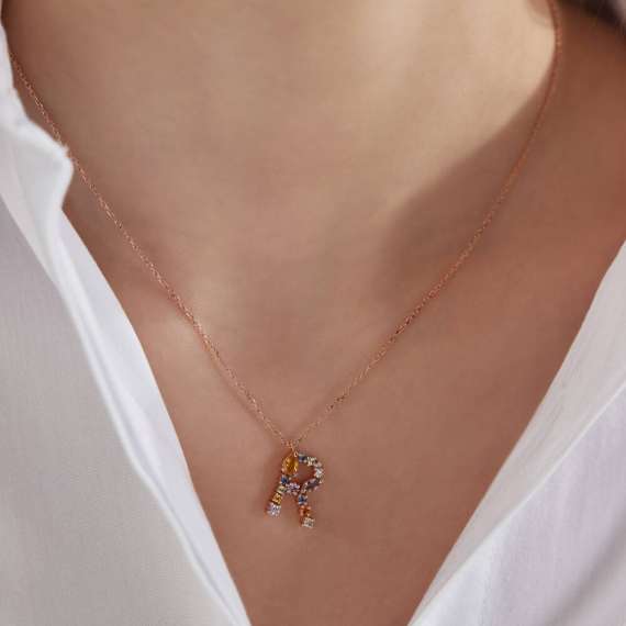 R Harf 1.00 CT Brown Pırlanta ve Multicolor Safir Taşlı Kolye - 3