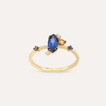 0.77 CT Pırlanta ve Multicolor Safir Taşlı Sarı Altın Yüzük - Nev Jewellery