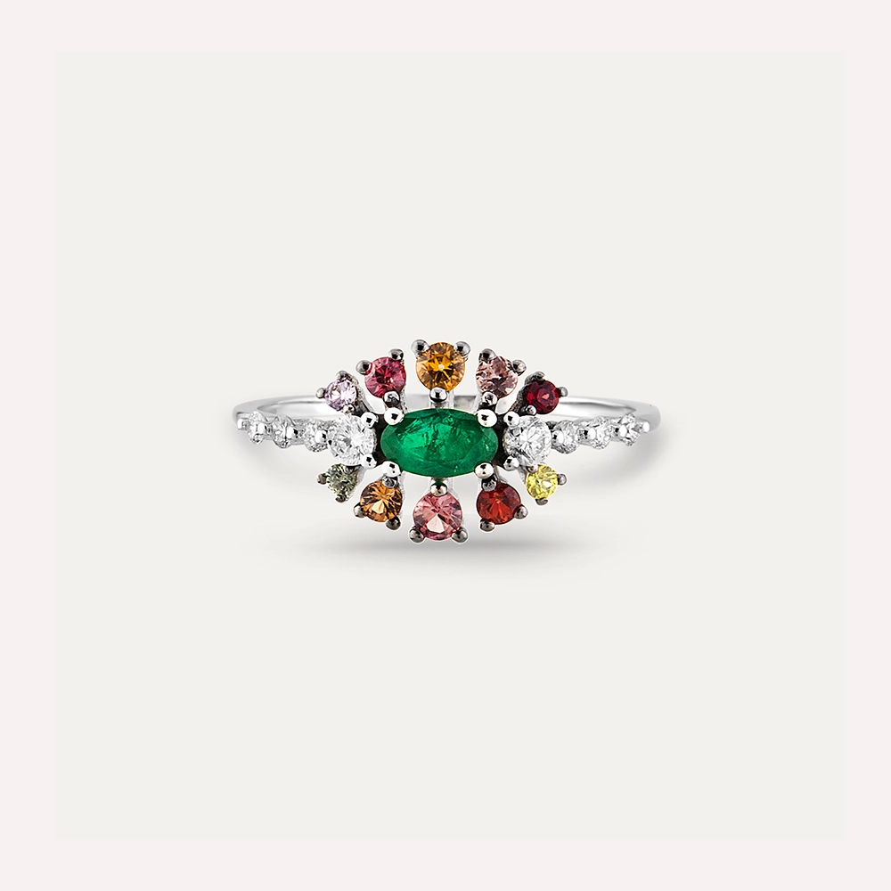 0.73 CT Multicolor Safir ve Zümrüt Taşlı Beyaz Altın Yüzük - Nev Jewellery (1)