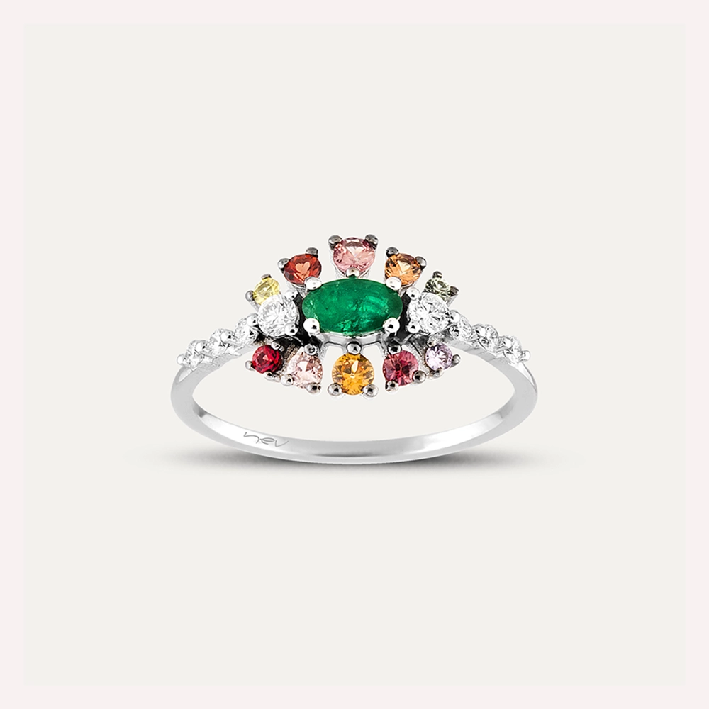 0.73 CT Multicolor Safir ve Zümrüt Taşlı Beyaz Altın Yüzük - Nev Jewellery (1)