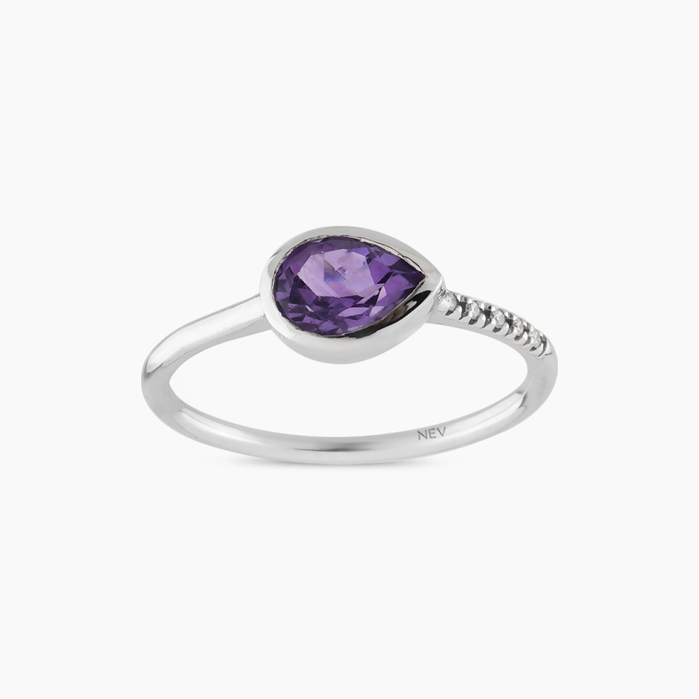 0.78 CT Pear Cut Amethyst and Diamond White Gold Ring - 1