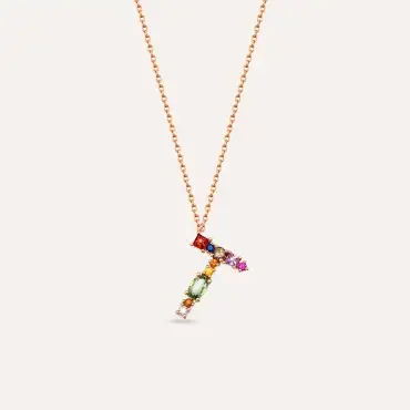 T Harf 0.56 CT Brown Pırlanta ve Multicolor Safir Taşlı Kolye - Nev Jewellery (1)