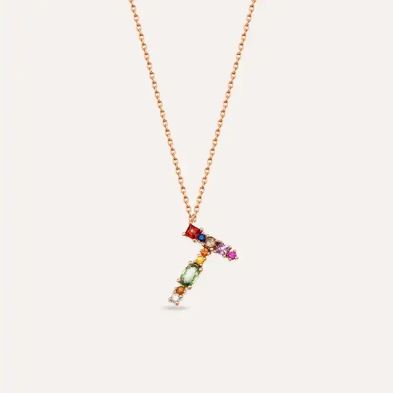 T Harf 0.56 CT Brown Pırlanta ve Multicolor Safir Taşlı Kolye - 1