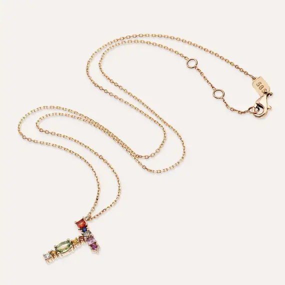 T Harf 0.56 CT Brown Pırlanta ve Multicolor Safir Taşlı Kolye - 4