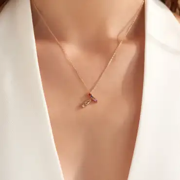 0.56 CT Brown Pırlanta ve Multicolor Safir Taşlı T Harf Kolye - Nev Jewellery (1)