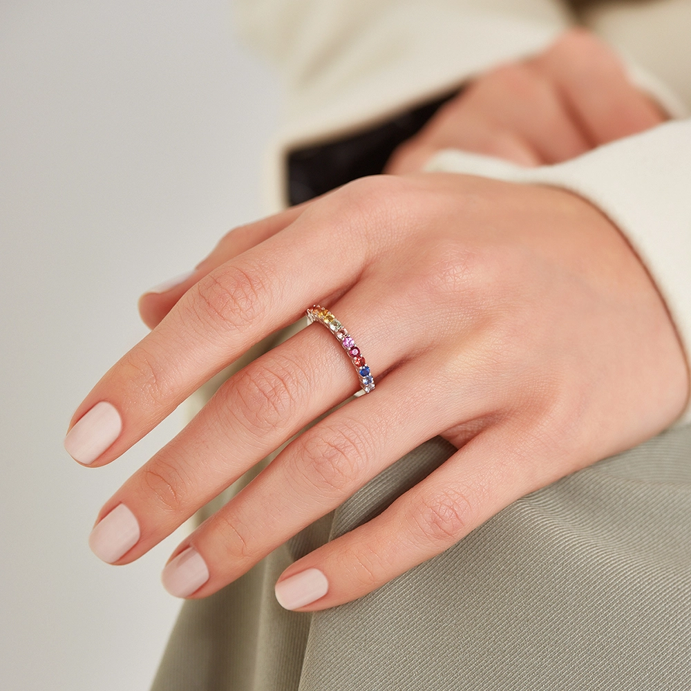 0.83 CT Multicolor Safir Taşlı Yarımtur Beyaz Altın Yüzük - Nev Jewellery (1)