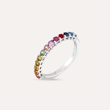 0.83 CT Multicolor Safir Taşlı Yarımtur Beyaz Altın Yüzük - Nev Jewellery