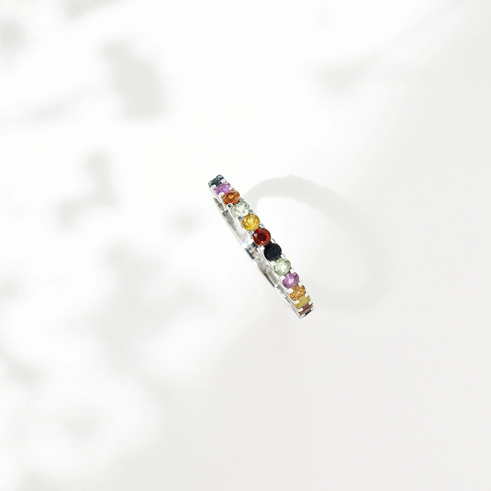 0.83 CT Multicolor Safir Taşlı Yarımtur Beyaz Altın Yüzük - 5