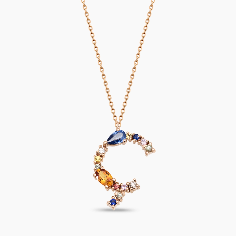 Ç Harf 0.89 CT Brown Pırlanta ve Multicolor Safir Taşlı Kolye - 1
