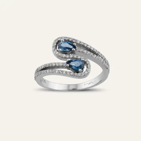 0.82 CT Blue Safir ve Pırlanta Taşlı Beyaz Altın Yüzük - 1