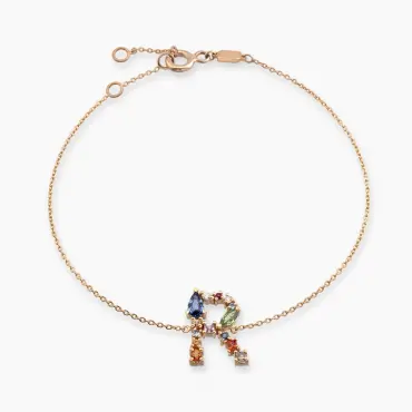 0.82 CT Brown Diamond and Multicolor Sapphire Rose Gold R Letter Bracelet - Nev Jewellery (1)