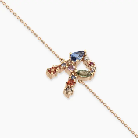 0.82 CT Brown Pırlanta ve Multicolor Safir Taşlı R Harf Bileklik - 3