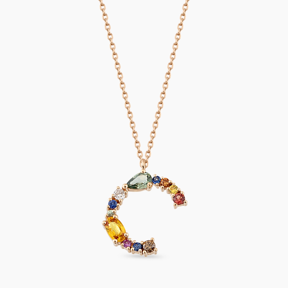 0.96 CT Brown Diamond and Multicolor Sapphire C Letter Pendant - 1
