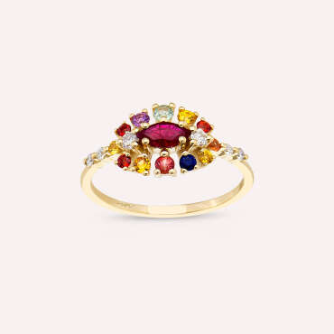 0.83 CT Multicolor Sapphire, Ruby and Diamond Yellow Gold Ring - Nev Jewellery