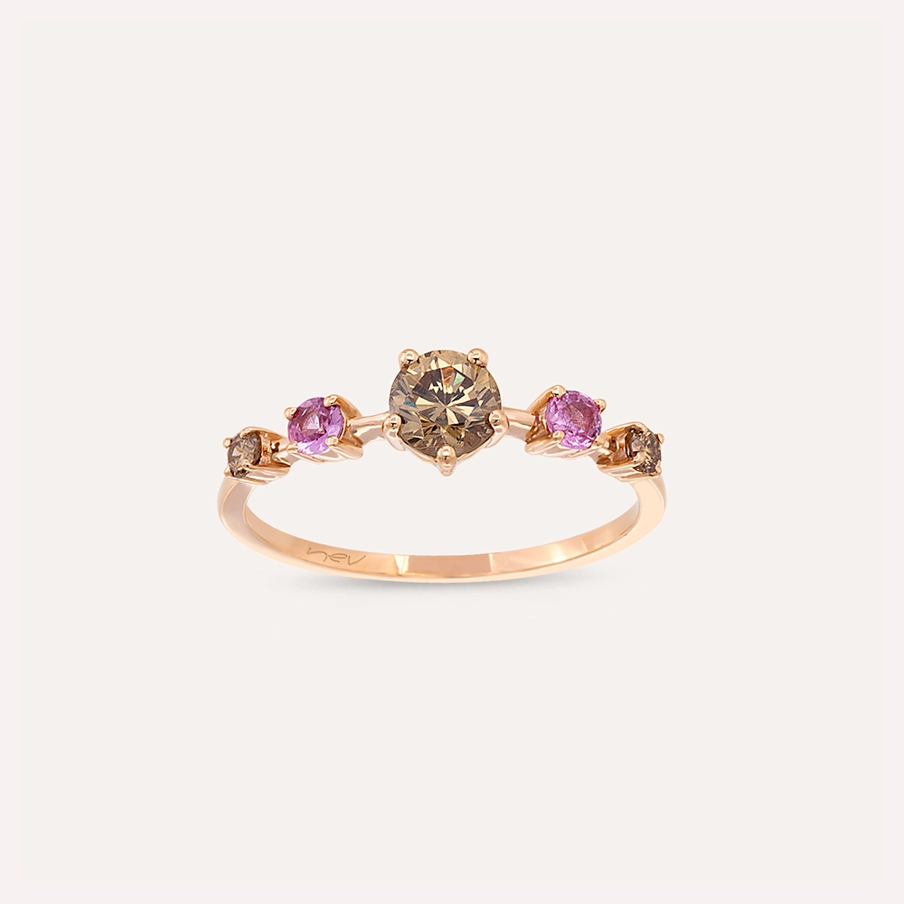 0.84 CT Brown Pırlanta ve Pink Safir Taşlı Rose Altın Yüzük - Nev Jewellery (1)