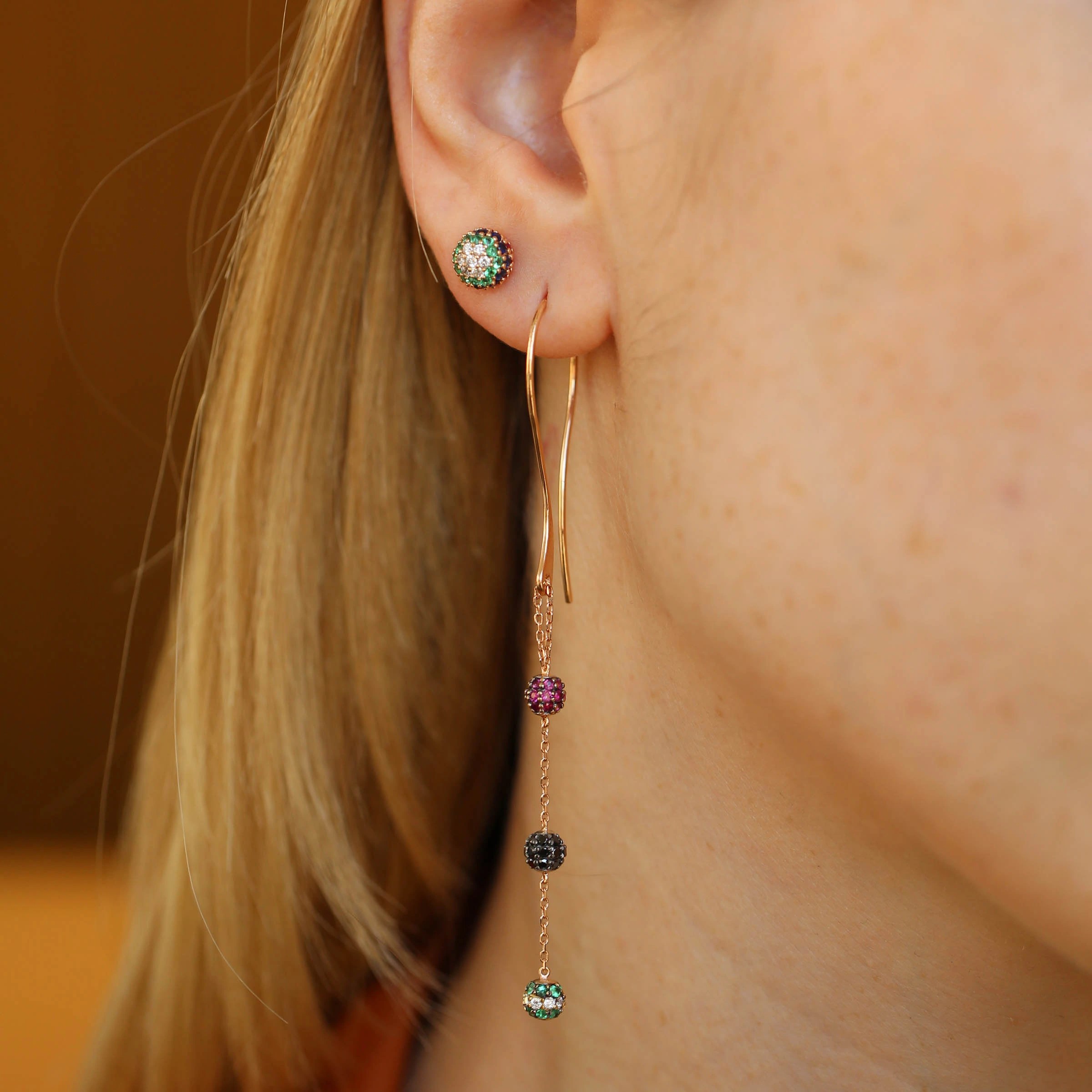 0.84 CT Diamond, Ruby and Emerald Long Earring - 2