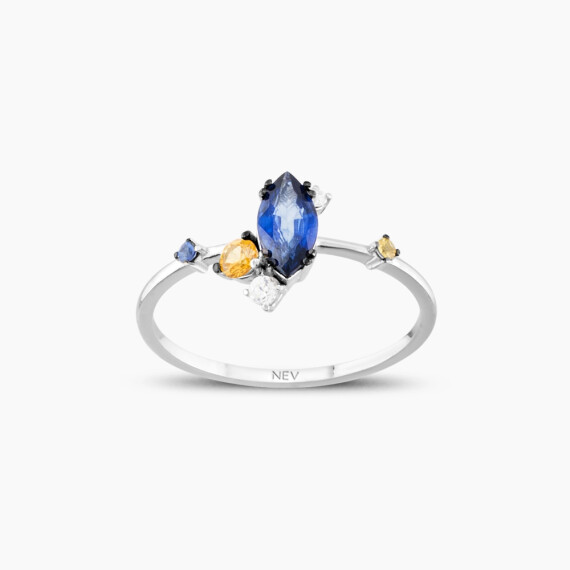 0.83 CT Multicolor Safir ve Pırlanta Taşlı Beyaz Altın Yüzük - Nev Jewellery