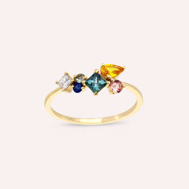 0.84 CT Multicolor Sapphire and Diamond Yellow Gold Ring - Nev Jewellery