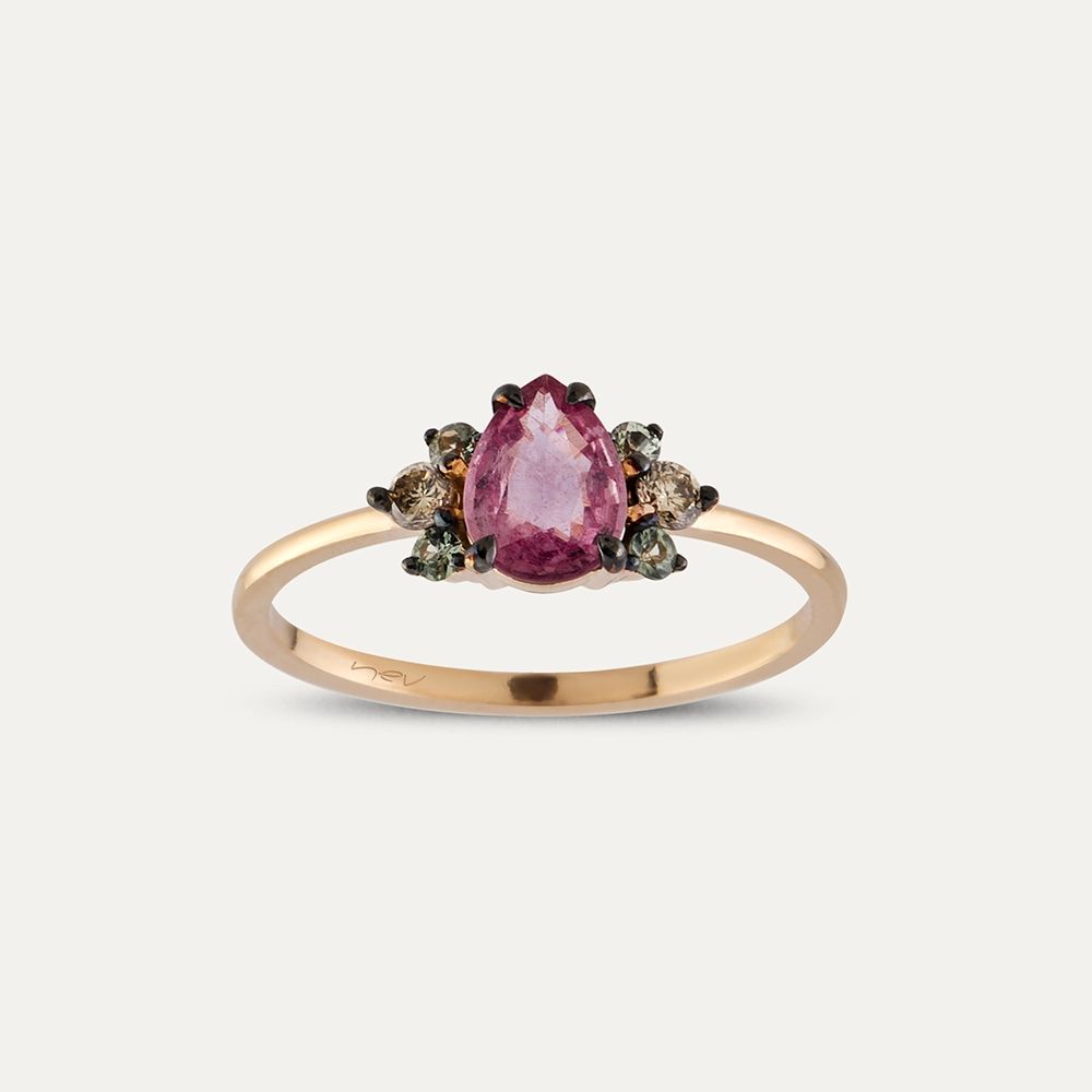 0.84 CT Multicolor Safir ve Brown Pırlanta Taşlı Rose Altın Yüzük - Nev Jewellery (1)