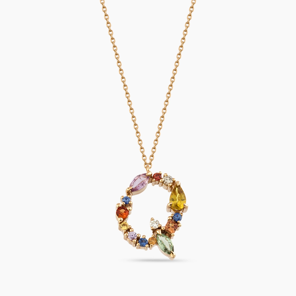 Q Harf 0.94 CT Brown Pırlanta ve Multicolor Safir Taşlı Kolye - 1