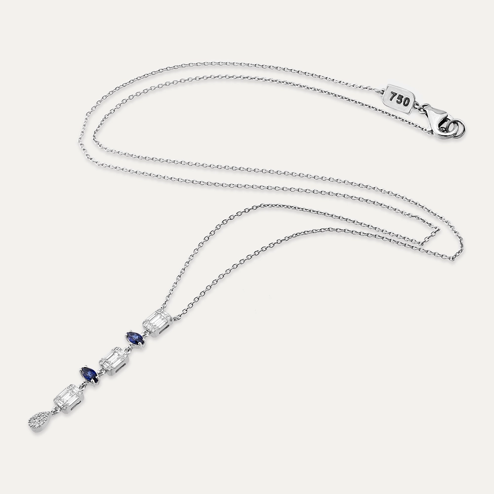 0.94 CT Sapphire and Baguette Cut Diamond White Gold Necklace - Nev Jewellery (1)