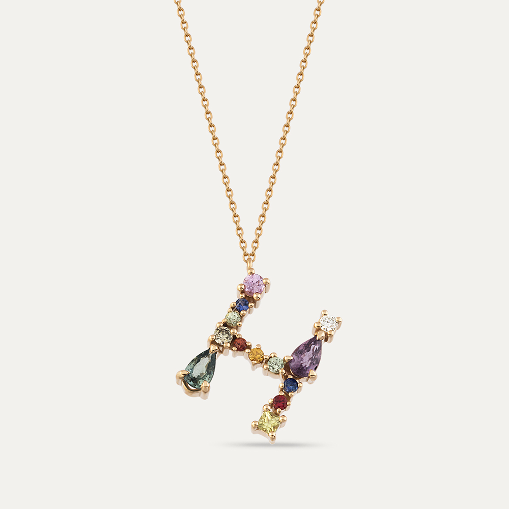 0.95 CT Multicolor Sapphire and Brown Diamond H Letter Pendant - 1