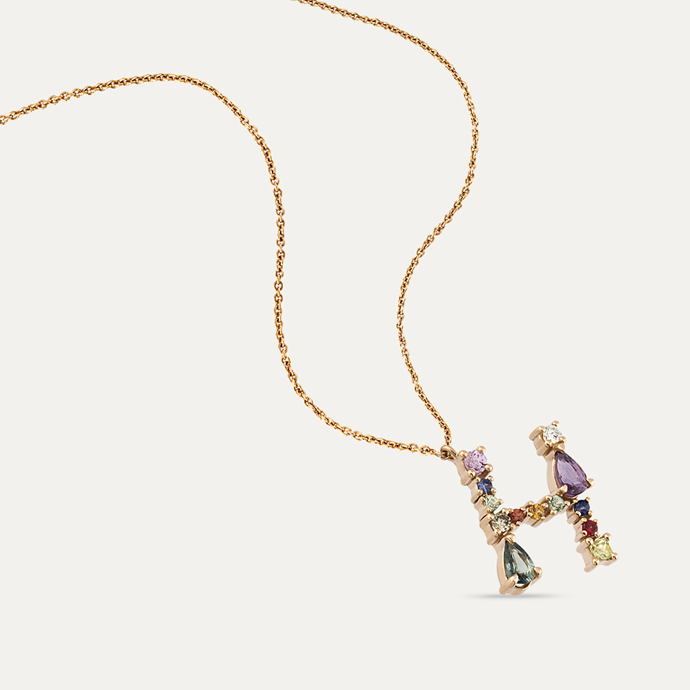 0.95 CT Multicolor Sapphire and Brown Diamond H Letter Pendant - 3