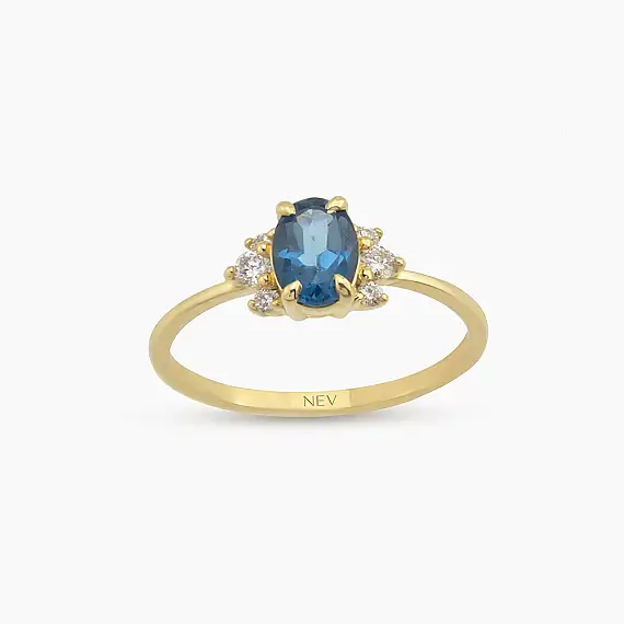 0.96 CT London Blue Topaz ve Pırlanta Taşlı Sarı Altın Yüzük - 1